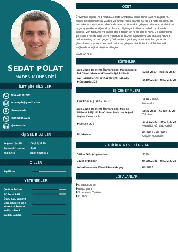 Maden Mühendisi Cv Örnekleri cv indir